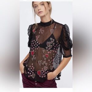 Free People Black Sheer Blouse with Heart Accents Size Medium